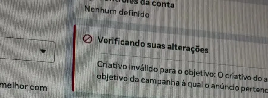 Aviso Verificando suas alterações: Criativo inválido para o objetivo