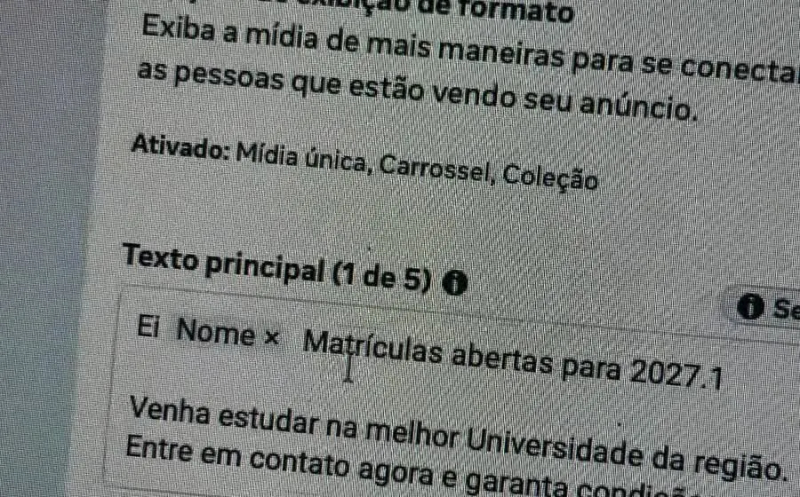 Campo Texto principal com Ei, a variável Nome e Matrículas abertas para 2027.1