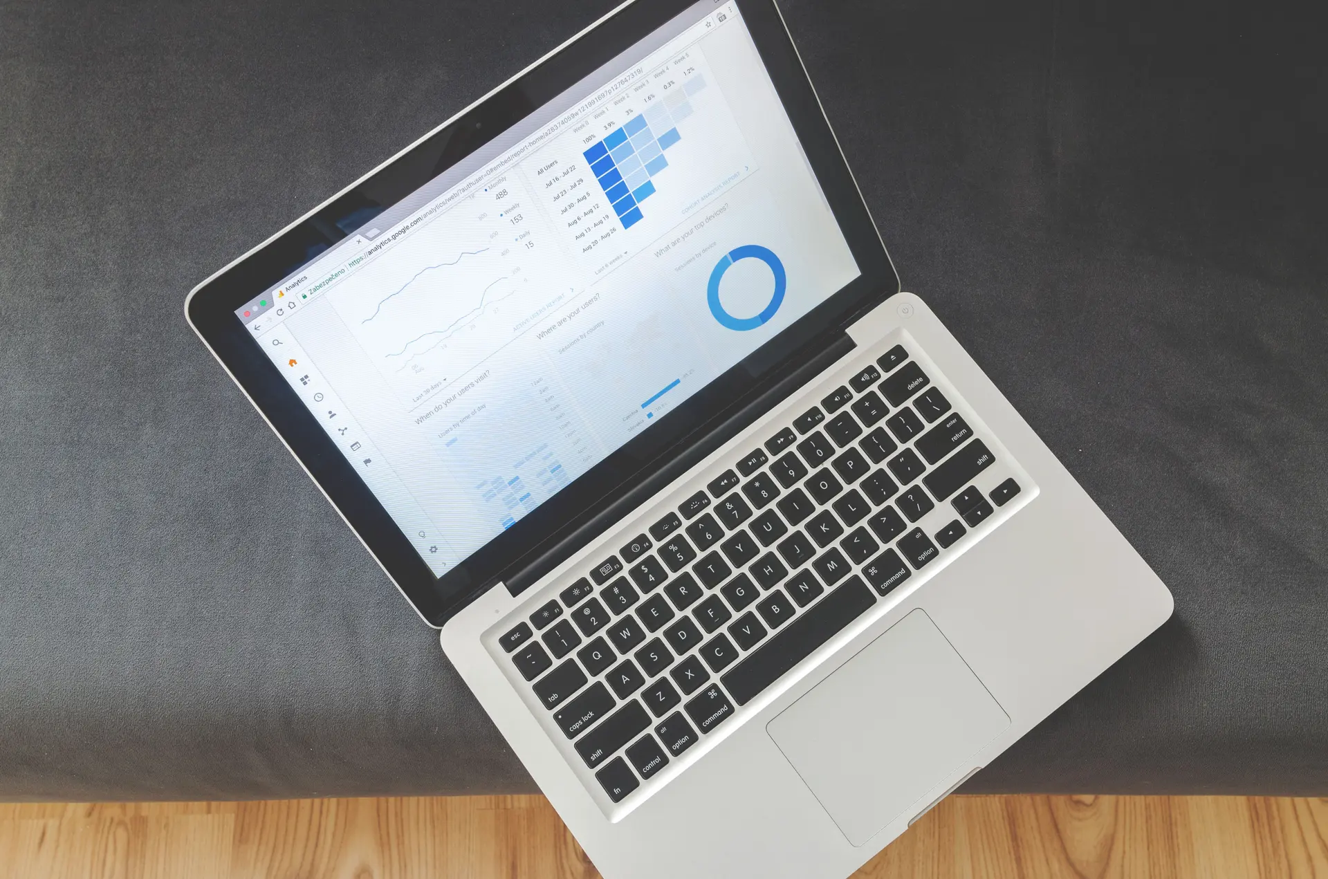 Notebook aberto sobre um sofá mostrando um painel de métricas de marketing digital