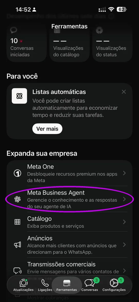 Tela Ferramentas do WhatsApp Business com a opção Meta Business Agent circulada