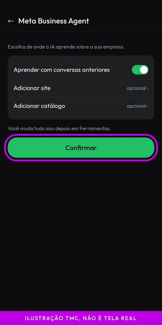 Ilustração de tela com as opções aprender com conversas anteriores, adicionar site, adicionar catálogo e o botão Confirmar circulado