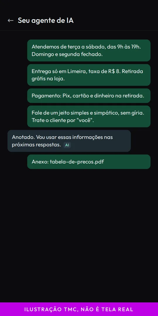 Ilustração de conversa de treino com o agente: horário, entrega, pagamento, tom de voz e uma tabela de preços anexada