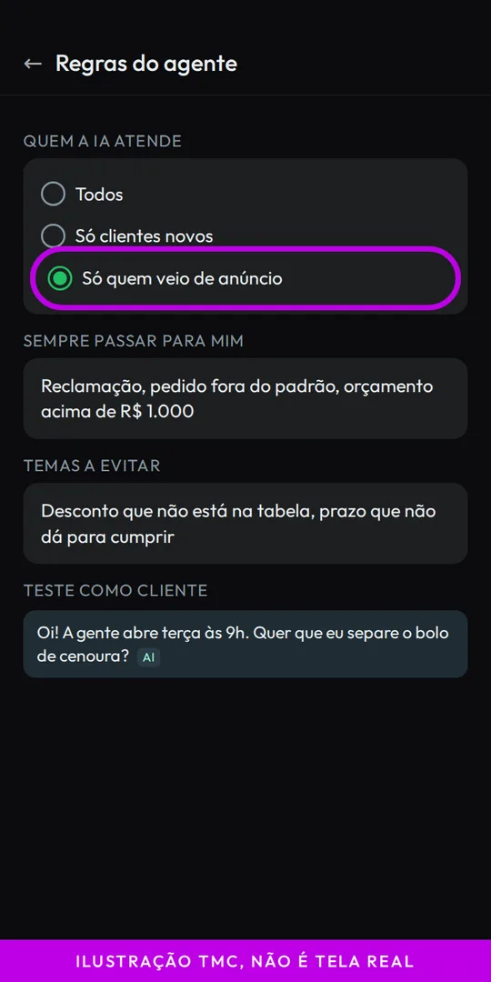 Ilustração das regras do agente: quem a IA atende, o que sempre passar para você, temas a evitar e uma resposta de teste