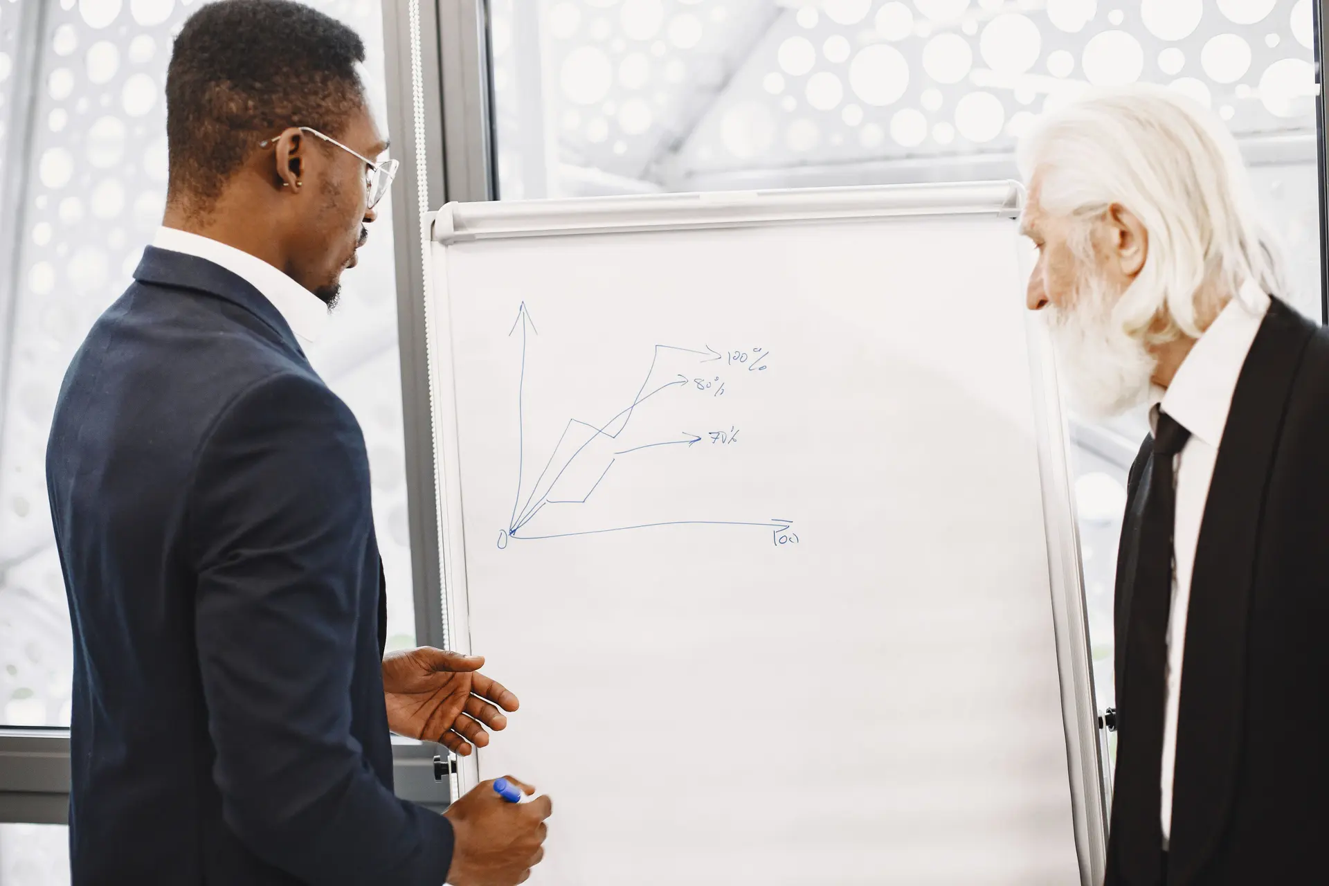 Dois profissionais analisando um gráfico de crescimento desenhado no quadro branco