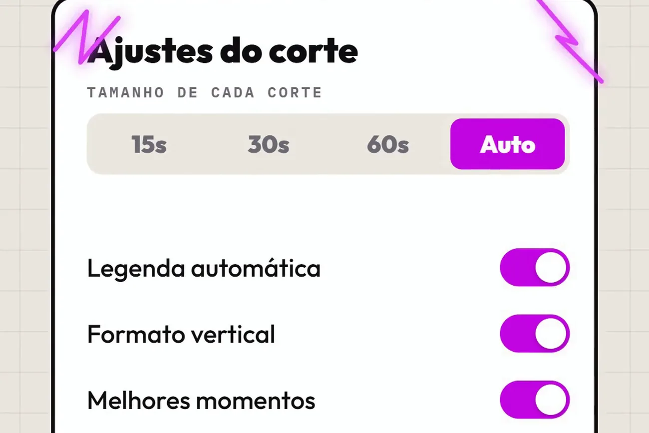 Painel de ajustes do corte com opções de tamanho 15s, 30s, 60s e Auto, e chaves de legenda automática, formato vertical e melhores momentos