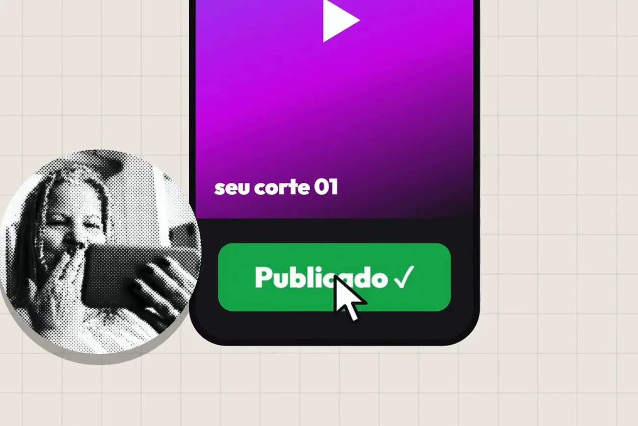 Celular com o botão Publicado e uma senhora surpresa olhando o resultado no celular
